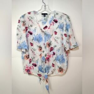 Tamara Women's White Back Ground With Colorful Floral Print Tie-Front Blouse